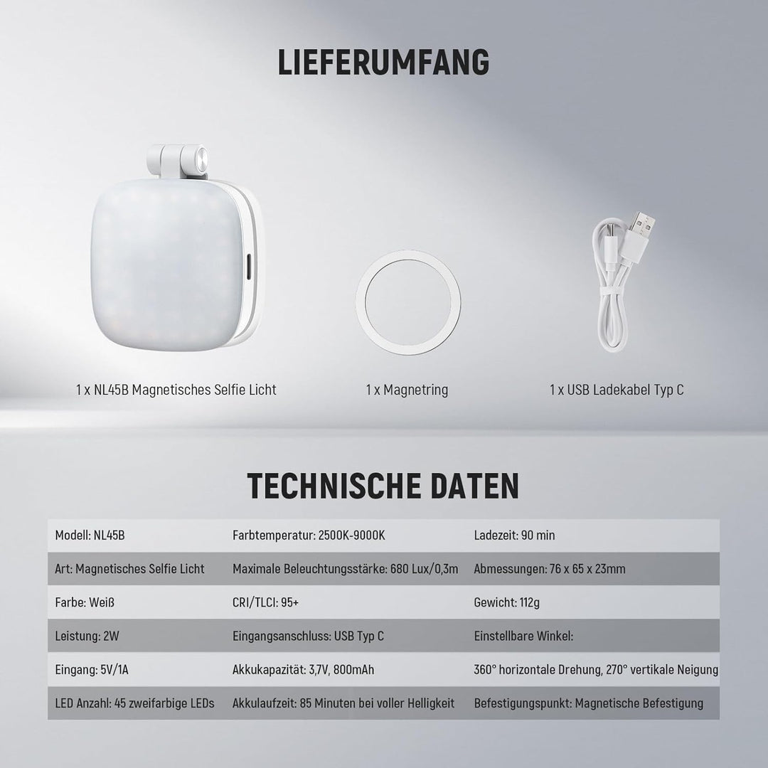 NEEWER Basics Magnetisches Selfie Licht Handy kompatibel mit MagSafe iPhone, 2W CRI95+ zweifarbiges