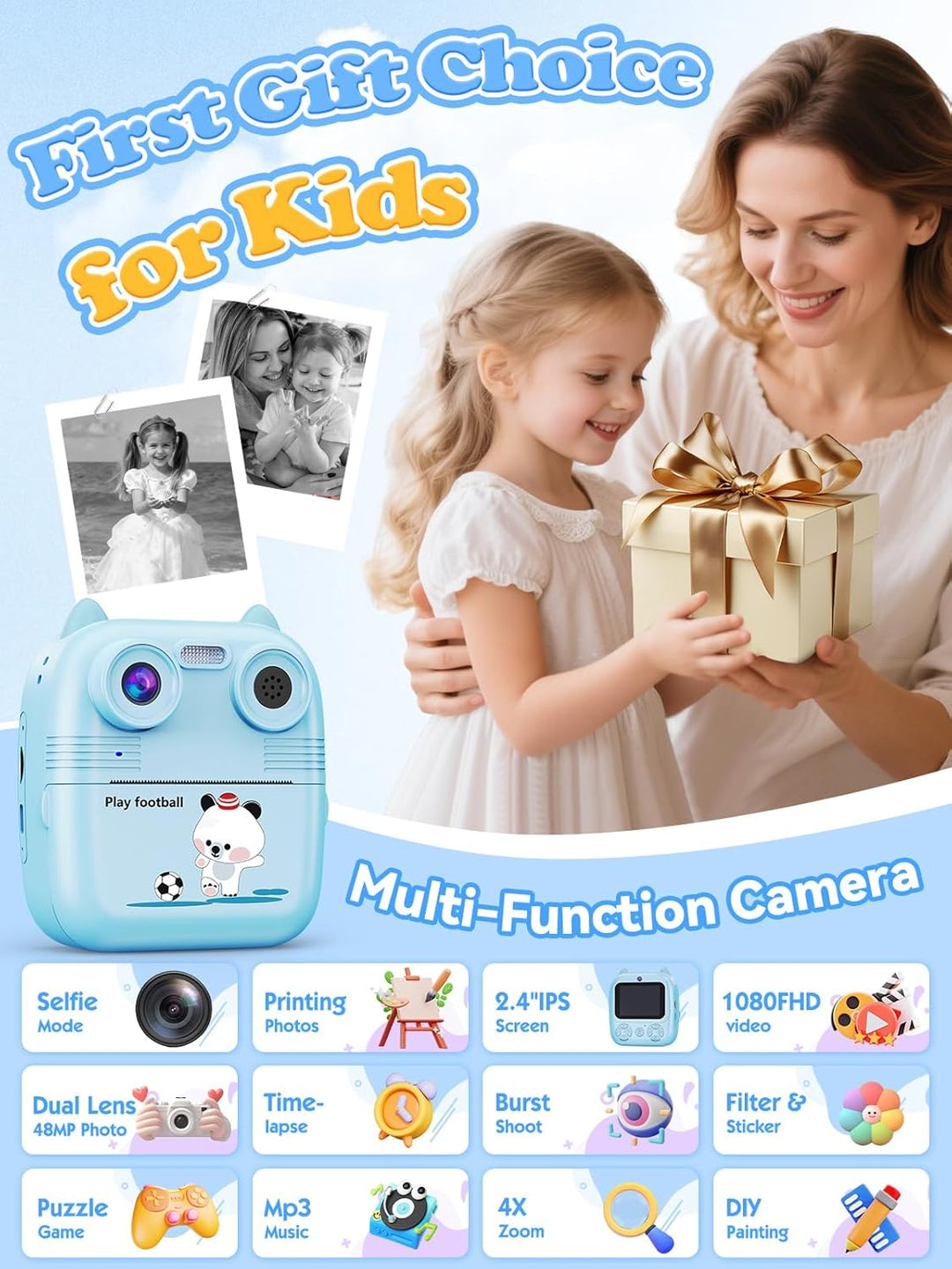 Sofortbildkamera Kinder, 1080FHD 48MP Dual-Kameraobjektive Kinderkamera, mit 4 Druckpapier 2,4 Zoll