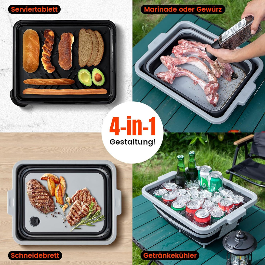 Zusammenklappbare Grillwanne mit Deckel (8L) – Falbbares Camping-Spülbecken mit Siebeinsatz | 4-in-1