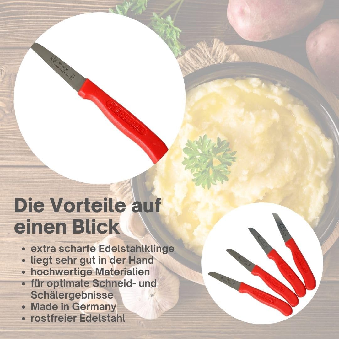 TOPANBIETER 999 Schälmesser 4er Set mit rotem Griff - Vielseitige Obstmesser, Gemüsemesser, Allzweck