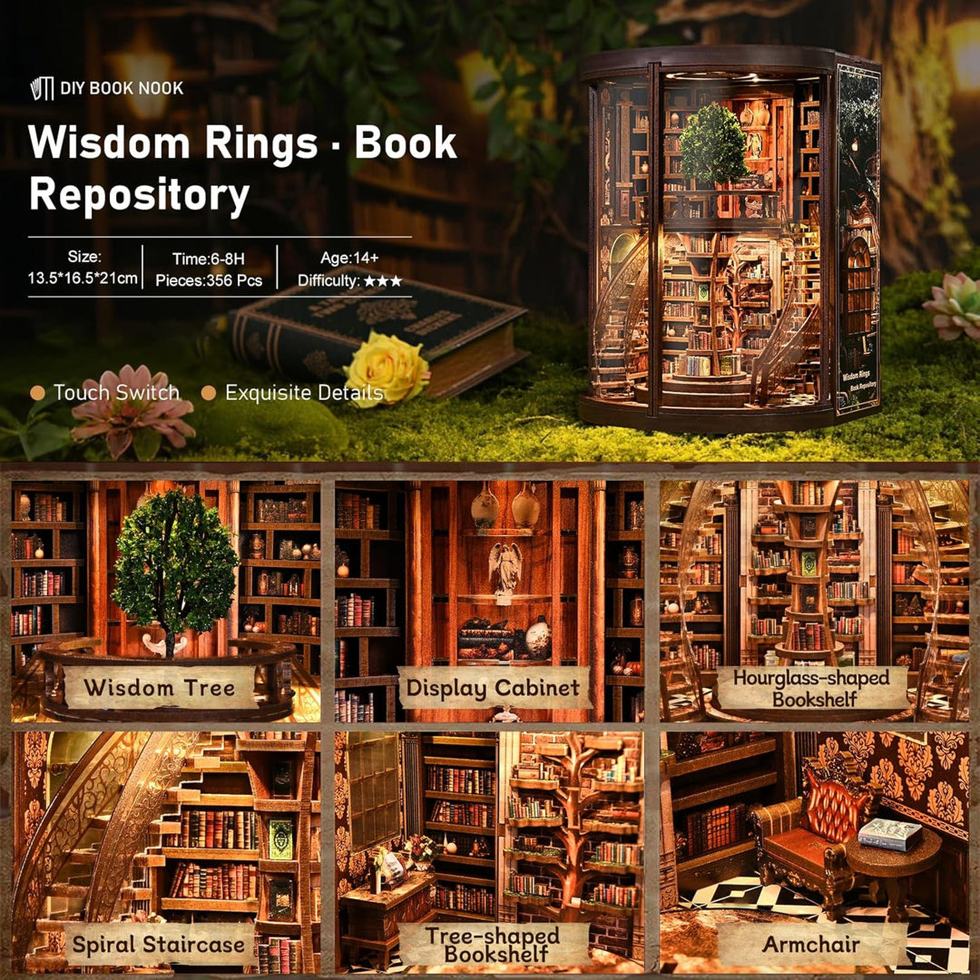 Book Nook Bausatz für Erwachsene – DIY Miniatur Weisheitsbibliothek Puppenhaus, 3D Holzpuzzle Bücher