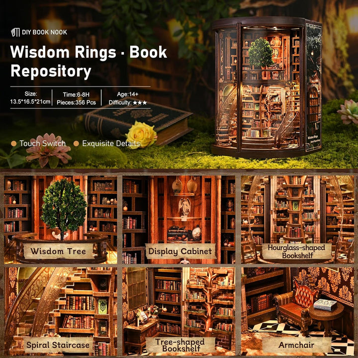 Book Nook Bausatz für Erwachsene – DIY Miniatur Weisheitsbibliothek Puppenhaus, 3D Holzpuzzle Bücher