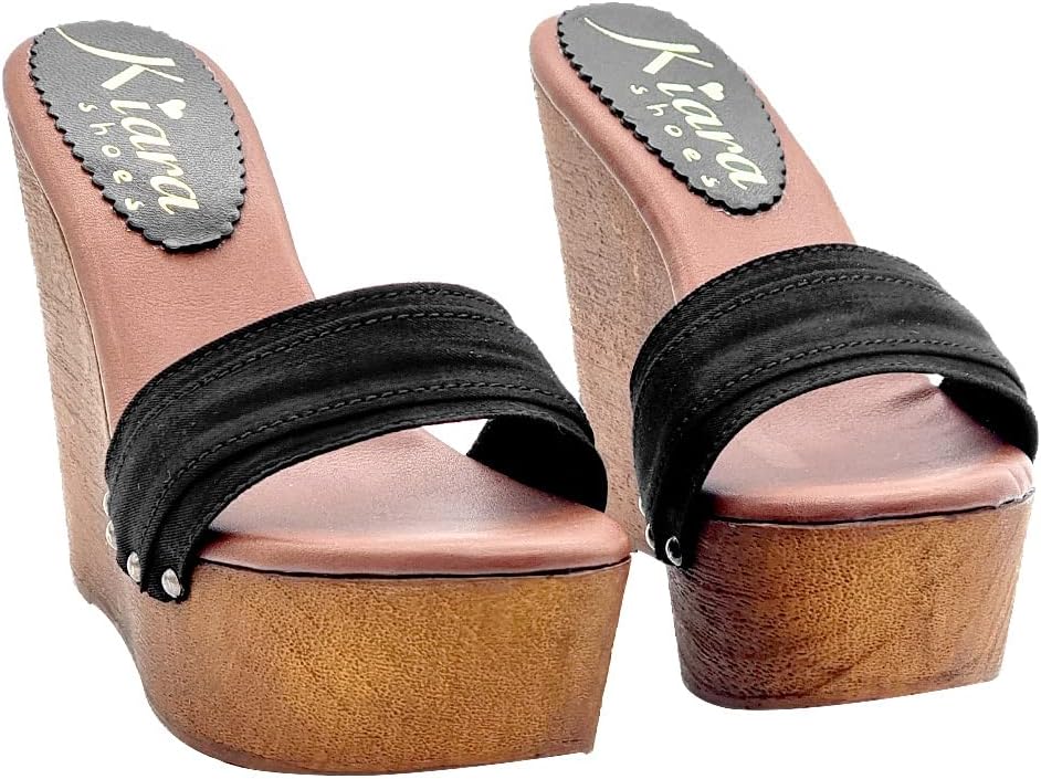 Kiara Shoes 13 cm hohe Damen Clogs mit Schwarz Band - KZ3101 Nero (40 EU, SCHWARZ) 40 EU Schwarz, 40