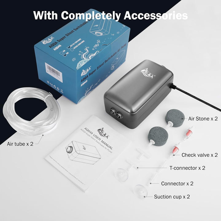 AQQA Aquarium Luftpumpe, ≤ 35dB Extrem Leise Aquarium Sauerstoffpumpe mit Doppel Rückschlagventil Zu