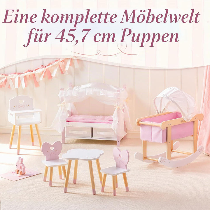 ROBUD Puppenwiege mit Baldachin für 45 cm Puppen, Puppenbett Holz mit Schaukelfunktion, Matratze und