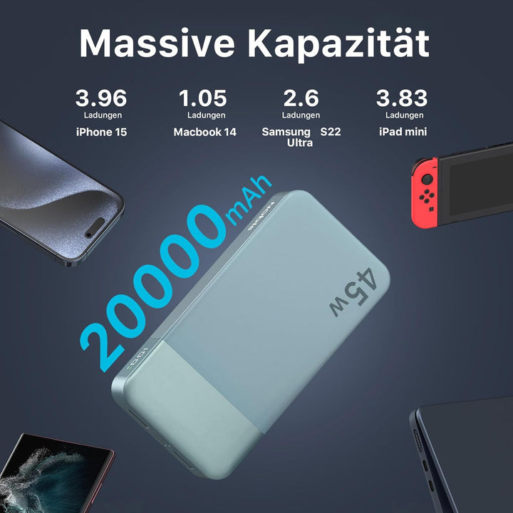 NOBIS Power Bank, Powerbank 20000mAh, 45W Externe Handyakkus Schnellladen, Externer Akku mit C zu C