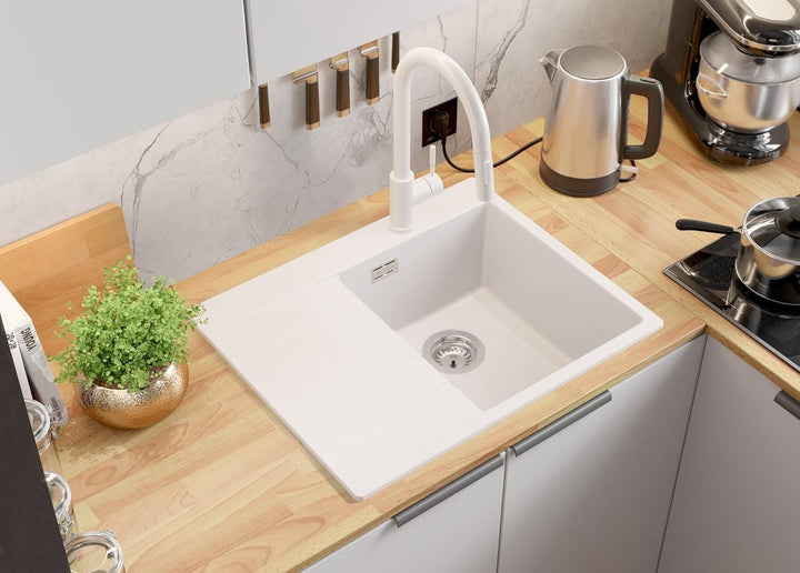 Granitspüle Weiss 62x50 cm, Spülbecken + Ablauf-Set + Küchenarmatur 9000, Küchenspüle für 40er Unter