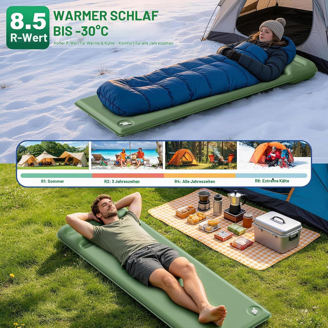 WARMTUYO Camping Isomatte, R-Wert 8,5, Extra Warme Schaumstoff-Schlafmatte mit Integriertem Kissen,