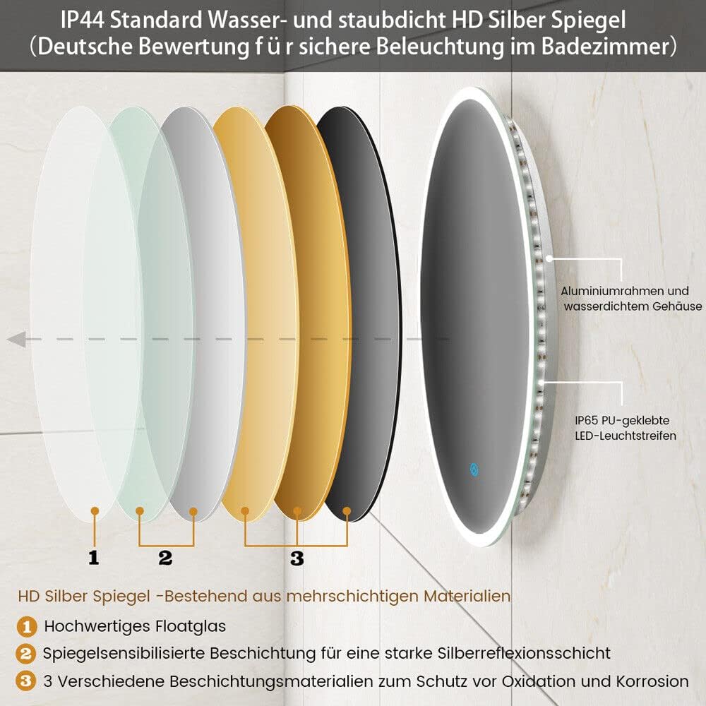 Badspiegel mit Beleuchtung Rund 60 cm LED Spiegel Bad mit DREI Lichtfarbe dimmbar Touch-Schalter Bad