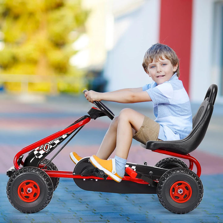 GOPLUS Gokart mit verstellbarem Sitz, Tretauto mit Handbremse und geschlossener Kettenabdeckung, Vor