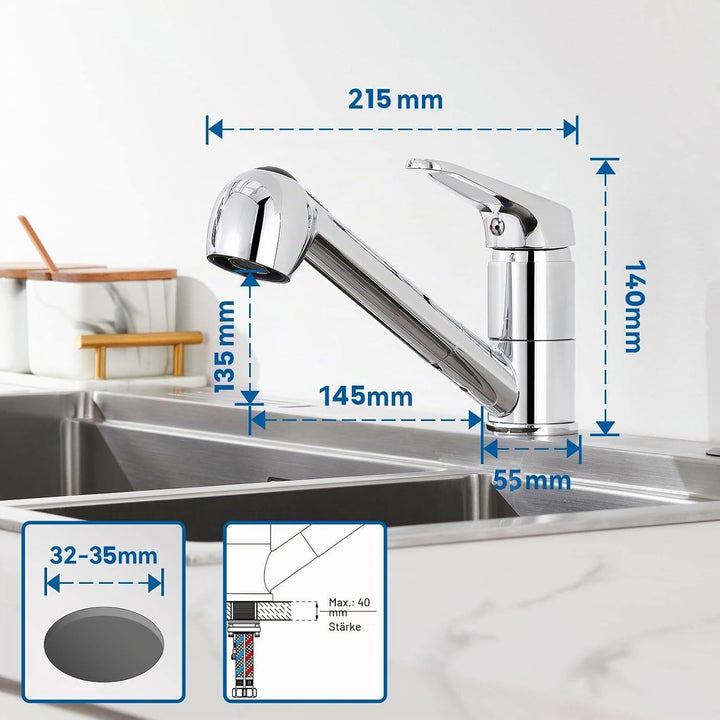 Himimi® Küchenarmatur 360 ° Drehbare| ausziehbar Wasserhahn Mit 2 Sprüharten (Spray &amp; Strahl)| Edels