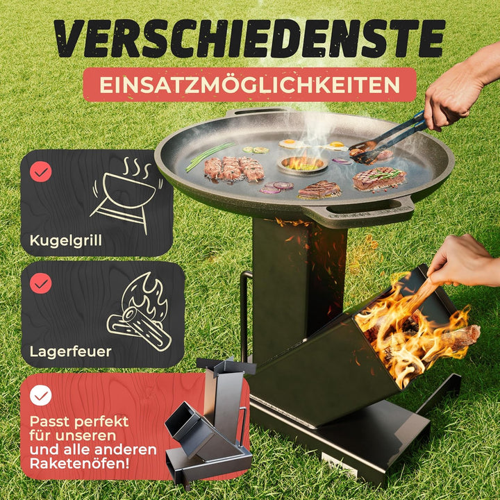 Drei Eichen Feuerplatte aus Gusseisen mit Tropfschutz. Ø35cm. Grillplatte Plancha ideal für Raketeno