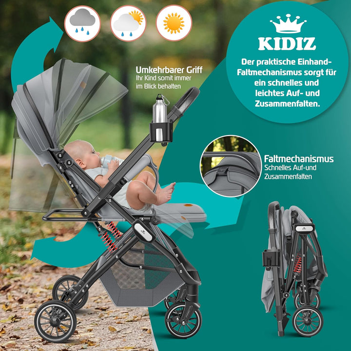 KIDIZ® Kinderwagen Kinderbuggy klappbar Liegebuggy Sportwagen Faltbar 360° Räder 5-Punkt Gurt Inkl.