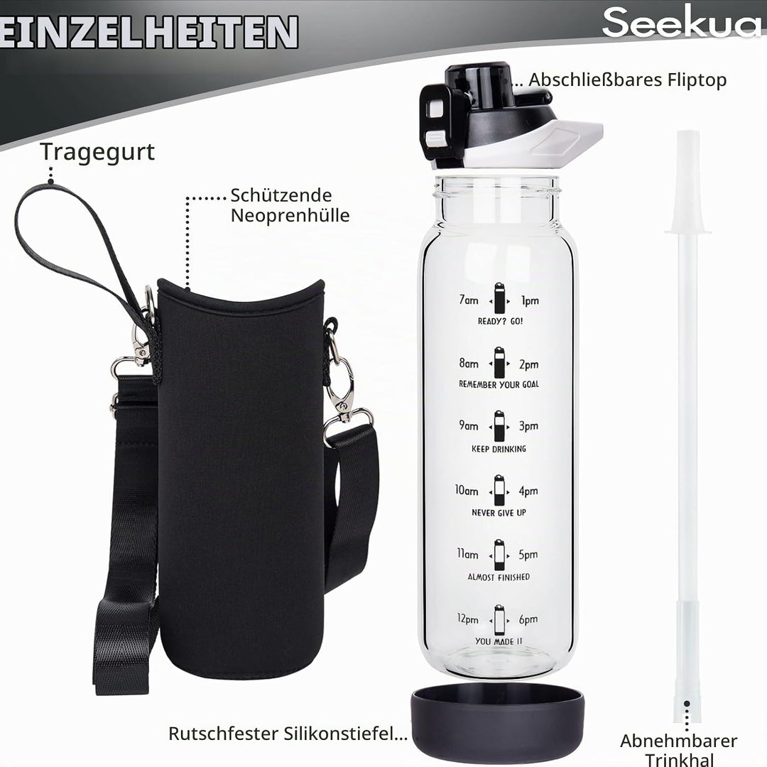 Seekua 0.8l Sport Trinkflasche Glas Flasche mit Strohhalm &amp; Zeitmarkierung 800ml auslaufsicher bpa f