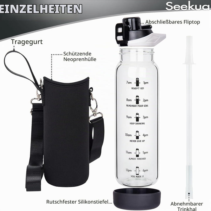 Seekua 0.8l Sport Trinkflasche Glas Flasche mit Strohhalm &amp; Zeitmarkierung 800ml auslaufsicher bpa f