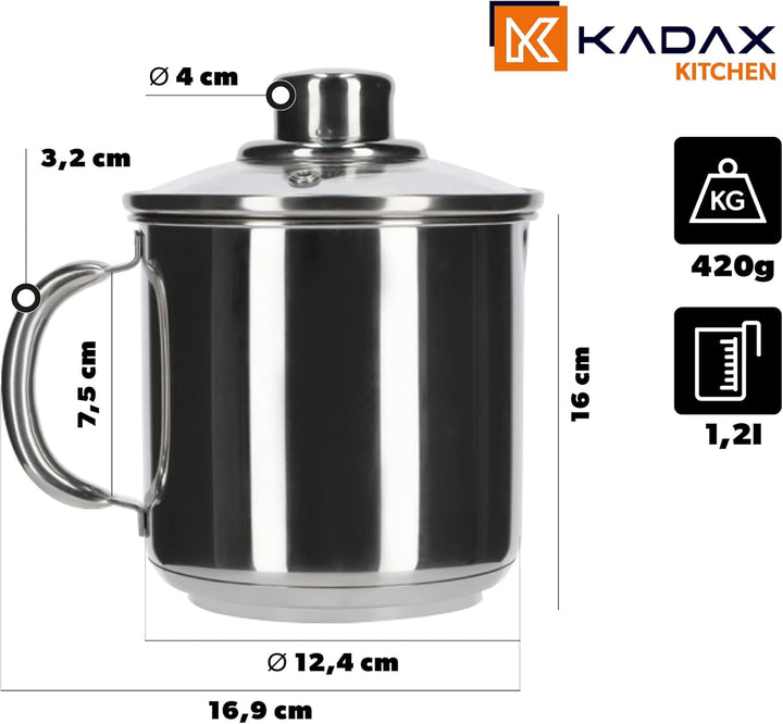 KADAX Edelstahltopf mit Glasdeckel, 1,2L Kochtopf Induktion mit Griff, Milchtopf, Deckel mit Dampflo