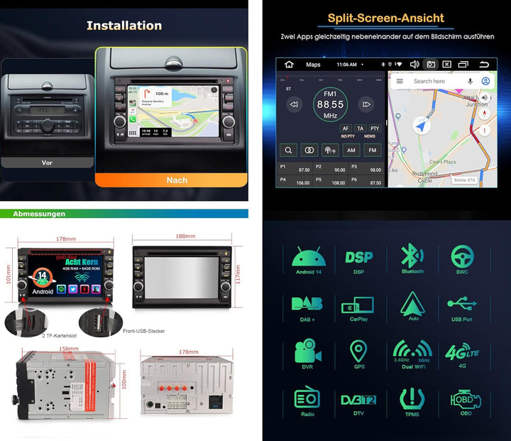 Erisin Acht-Kern 4GB+64GB Android 14 Universal Autoradio 2Din Für Nissan mit GPS Navigation Unterstü