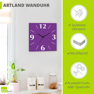 ARTLAND Wanduhr ohne Tickgeräusche Alu Quarzuhr 30x30 cm Quadratisch Lautlos 4 Ziffern Farbig Schlic