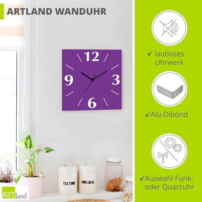 ARTLAND Wanduhr ohne Tickgeräusche Alu Quarzuhr 30x30 cm Quadratisch Lautlos 4 Ziffern Farbig Schlic