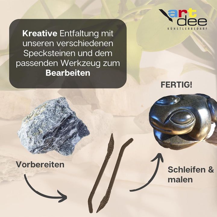 artdee® Speckstein 2kg Set mit (Schleifpapier und 4 Specksteinraspeln) – Werkzeug zum Schnitzen und