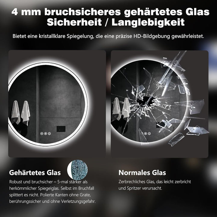 60cm Runde LED Badezimmerspiegel mit Beleuchtung, Dimmbar & 3 Farben – Front- & Hintergrundbeleuchtu