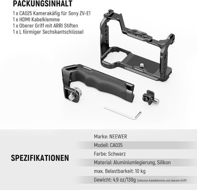 NEEWER ZV-E1 Kamera Käfig Set mit Arri Top Handle, HDMI Kabelklemmen, NATO Schiene, Arca Typ Basis,