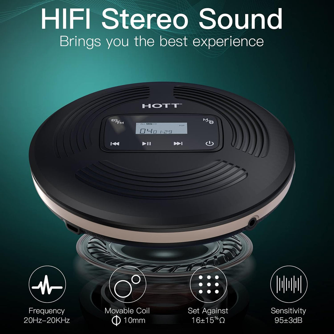 HOTT CD903TF CD Player tragbar wiederaufladbarer CD Player Bluetooth mit FM-Transmitter geeignet für