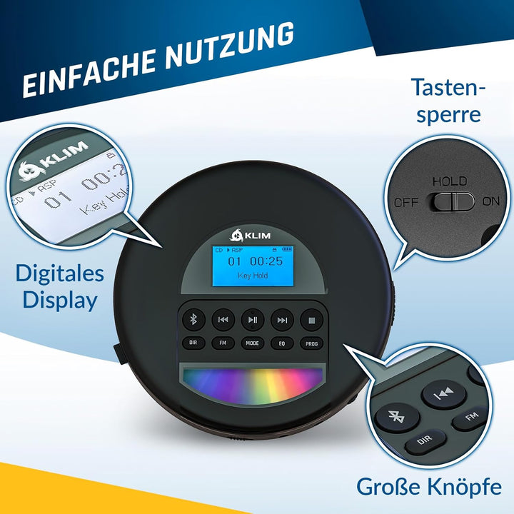 KLIM Nomad CD Player Bluetooth - Tragbarer CD-Player mit langlebigem Akku - Inklusive Kopfhörer - 16