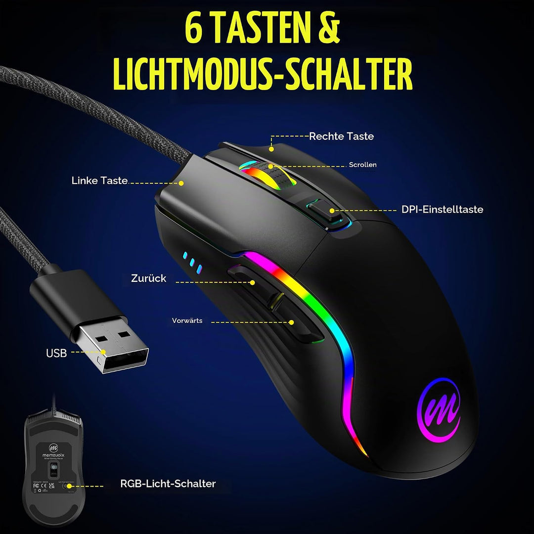 memzuoix Gaming Maus mit Kabel und LED-Lichtern – 12.800 DPI einstellbar, 6 Tasten, 12 RGB-Modi, Erg