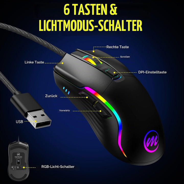 memzuoix Gaming Maus mit Kabel und LED-Lichtern – 12.800 DPI einstellbar, 6 Tasten, 12 RGB-Modi, Erg