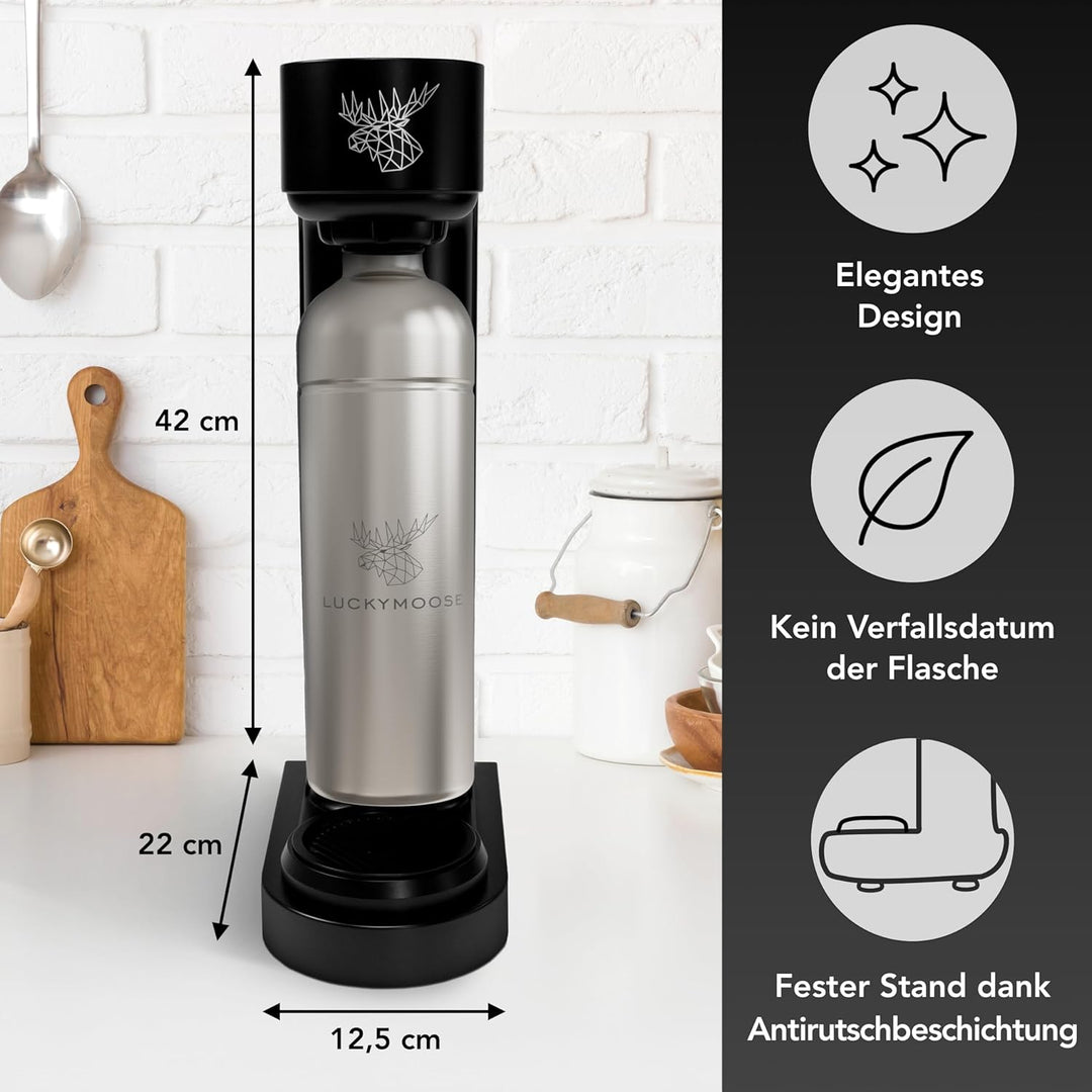 Luckymoose® Infinity Wassersprudler mit 2x 1,25L Edelstahlflaschen - Spart bis zu 25% CO2 dank Stopp