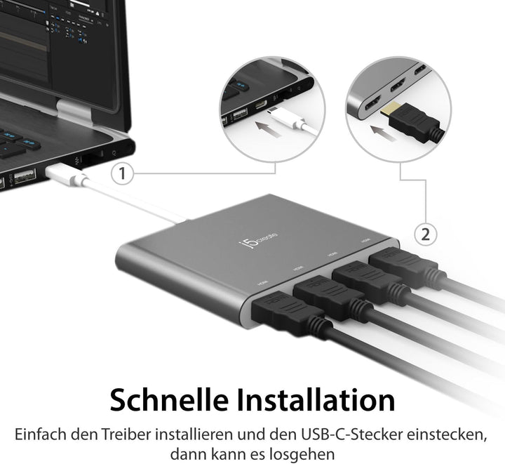 j5create USB-C auf 4 HDMI Anschlüsse Adapter Hub- Multimonitor Verteiler - Unterstützt Vier 1080p 60