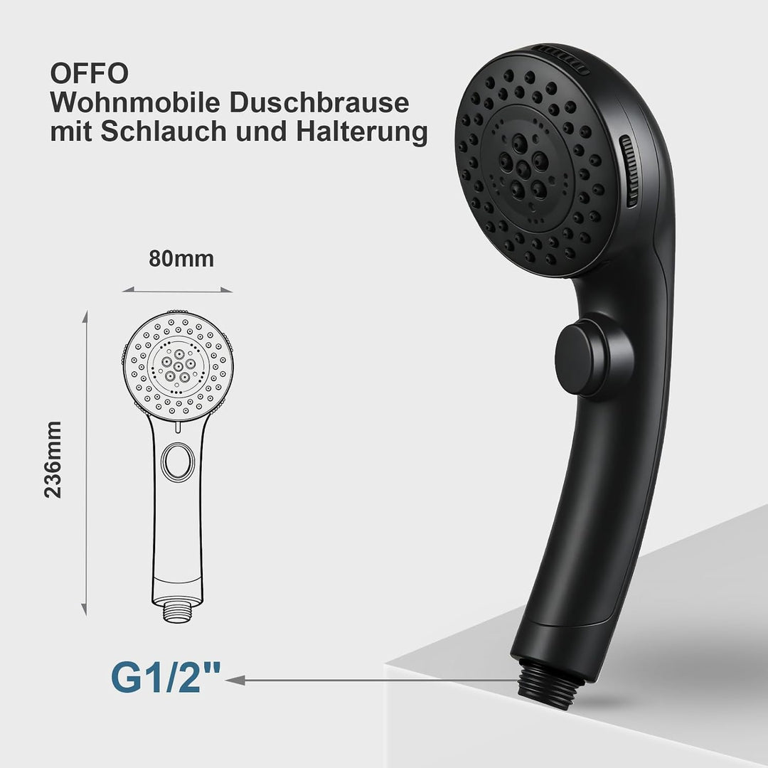 OFFO Duschkopf mit Duschschlauch 1,6m, Stoppfunktion Brausekopf Dusche mit 5 Strahlarten, Wasserspar