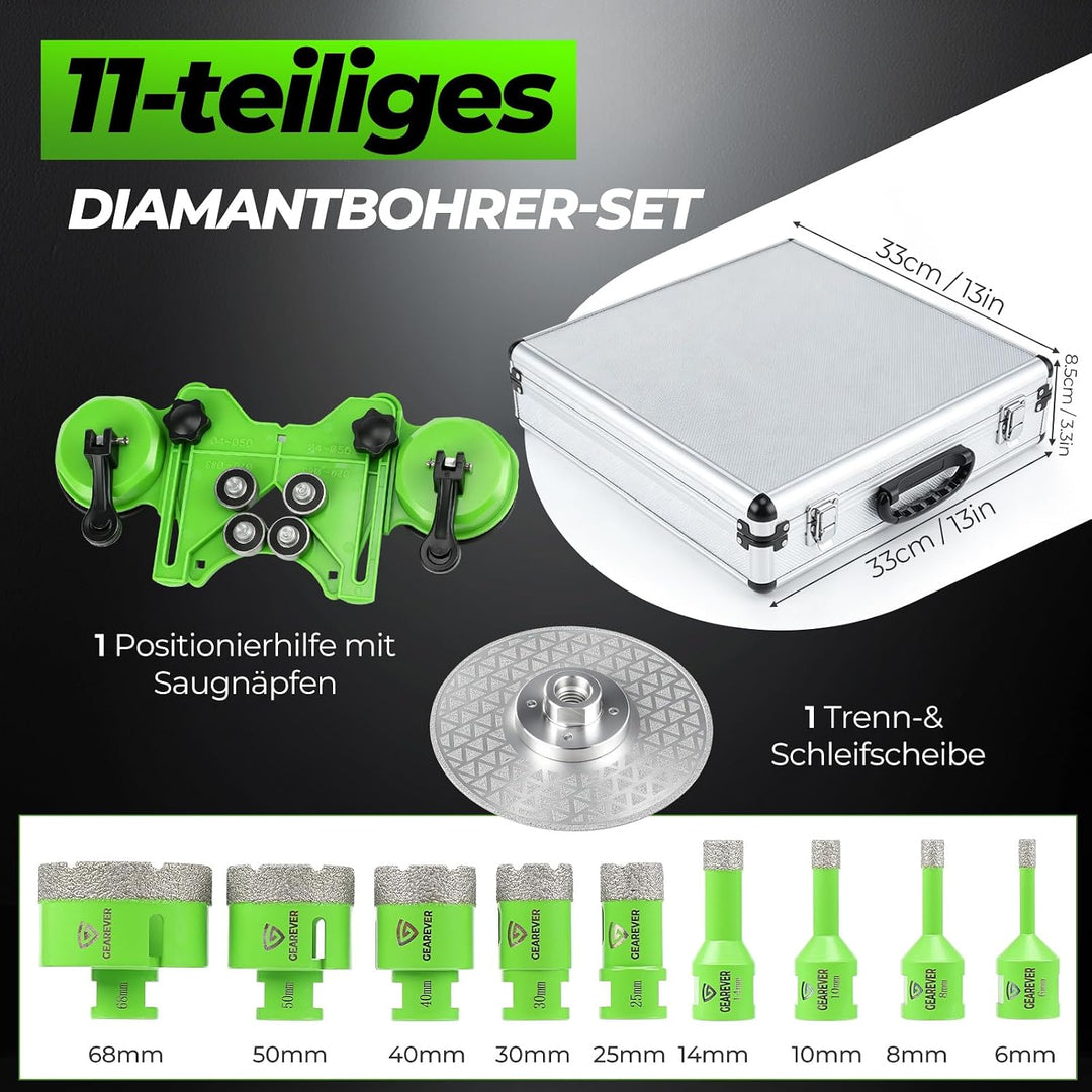 Diamantbohrer Set 11tlg Fliesenbohrer 6-68mm Trockenbohren | Schleifscheibe, Positionierhilfe, für F