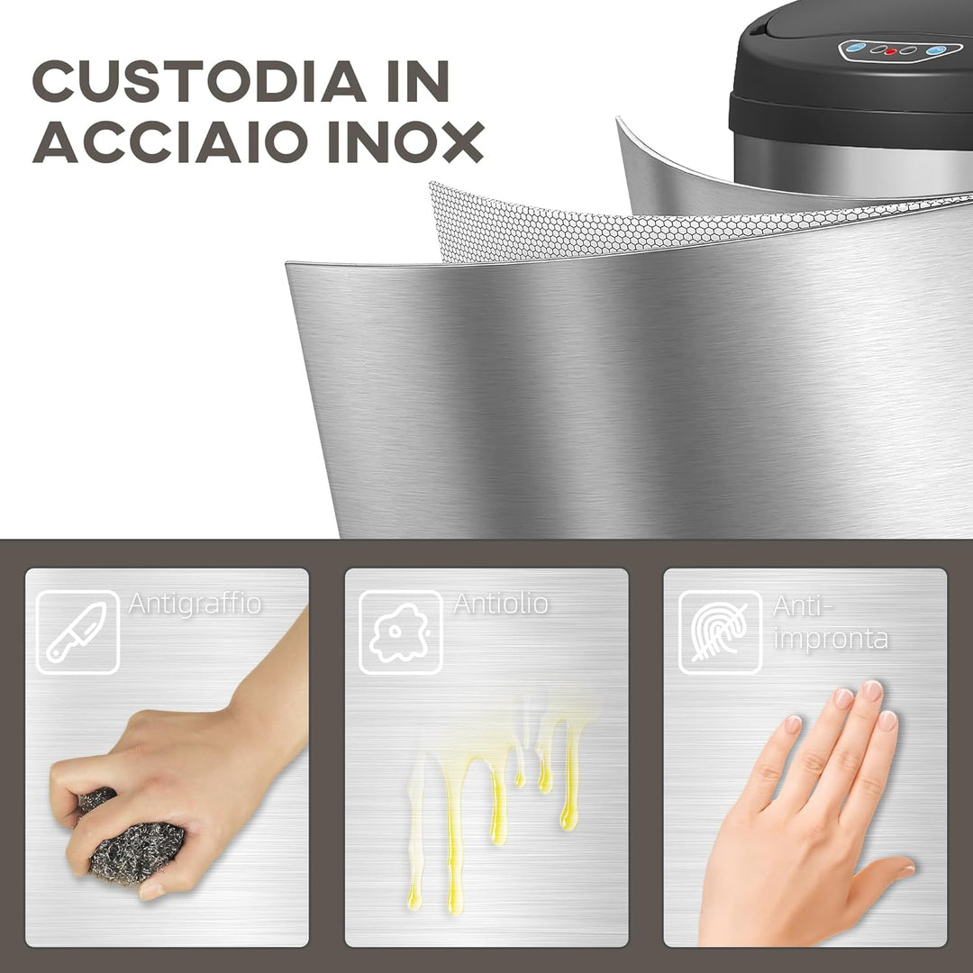 HOMCOM Mülleimer mit Sensor 42L Edelstahl Automatischer Leiser Mülleimer mit Soft-Close-Deckel, Bewe
