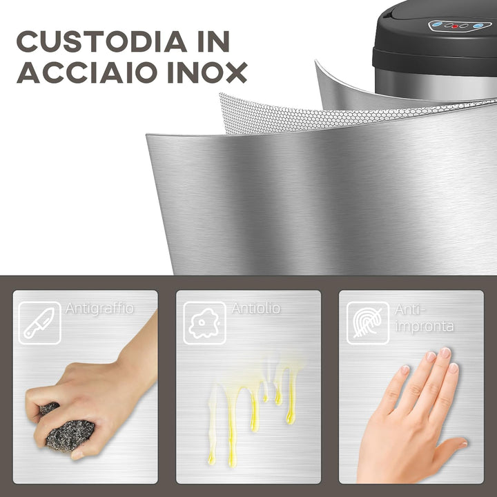 HOMCOM Mülleimer mit Sensor 42L Edelstahl Automatischer Leiser Mülleimer mit Soft-Close-Deckel, Bewe