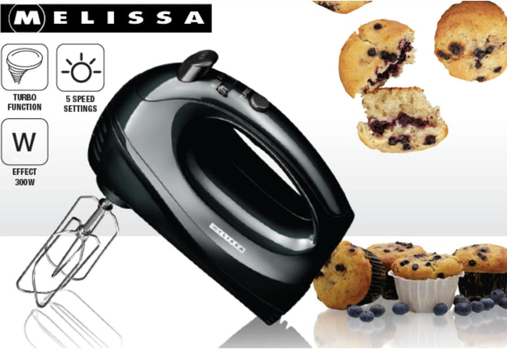 Melissa 16200085 Handmixer, 300 Watt, Schneebesen und Knethaken verchromt,schwarz