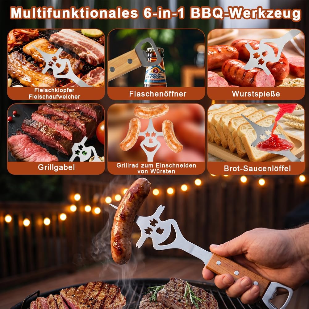 3-teilig Edelstahl BBQ Grillbesteck Set mit Holzgriﬀen, BBQ Zubehör mit Grillzange, Spatel und Gabel