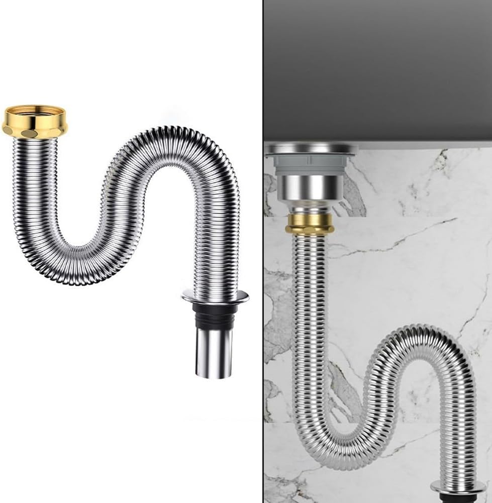Waschbecken-Ablauf-Set, Edelstahl, Siphon, Abfluss, Flexibler Rohrschlauch, geruchsdichter Silikon-D