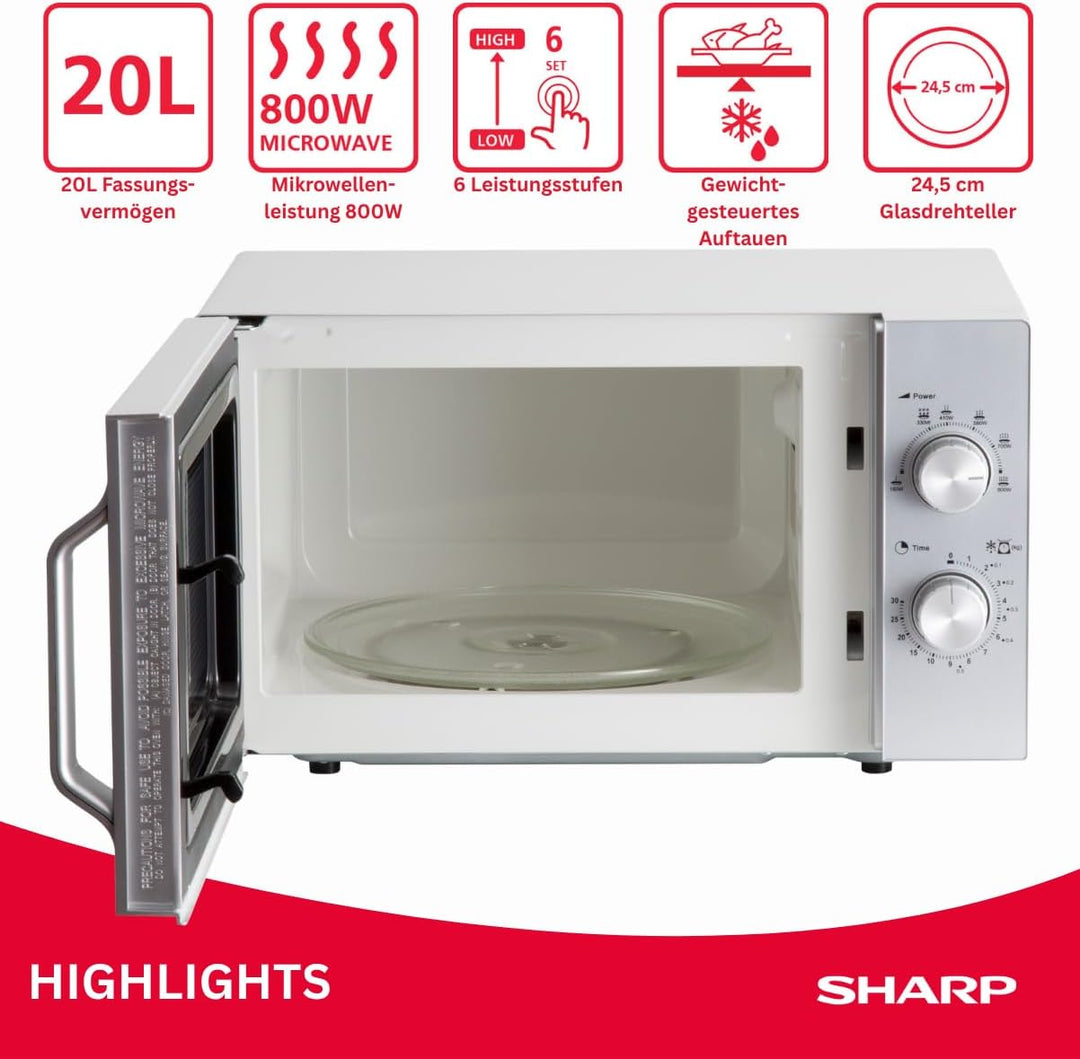 Sharp R204S Solo-Mikrowelle / 20 L / 800 W / 6 Leistungsstufen / Zeitschaltuhr von 30 Minuten bis 00