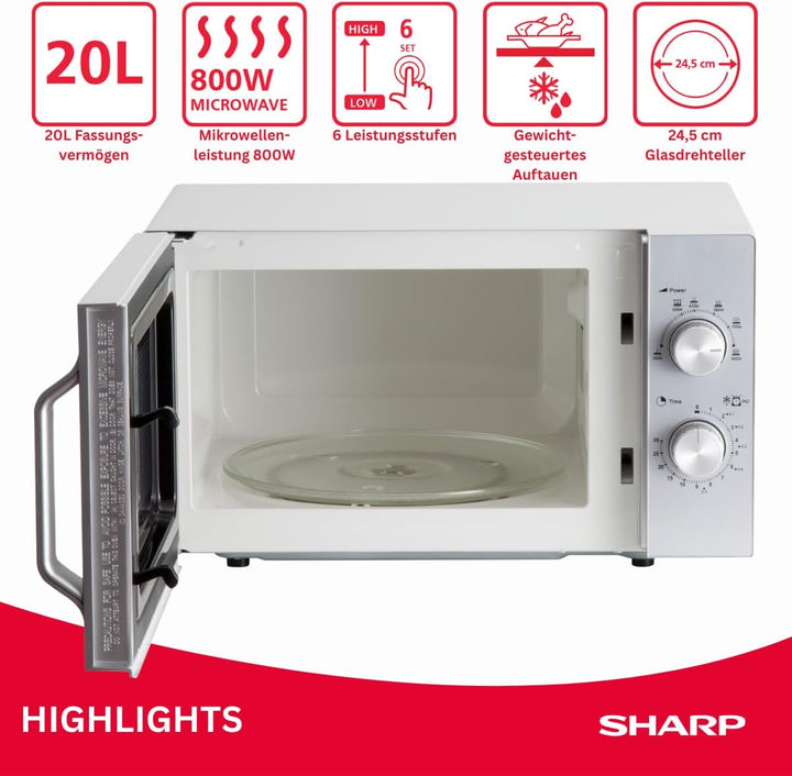Sharp R204S Solo-Mikrowelle / 20 L / 800 W / 6 Leistungsstufen / Zeitschaltuhr von 30 Minuten bis 00