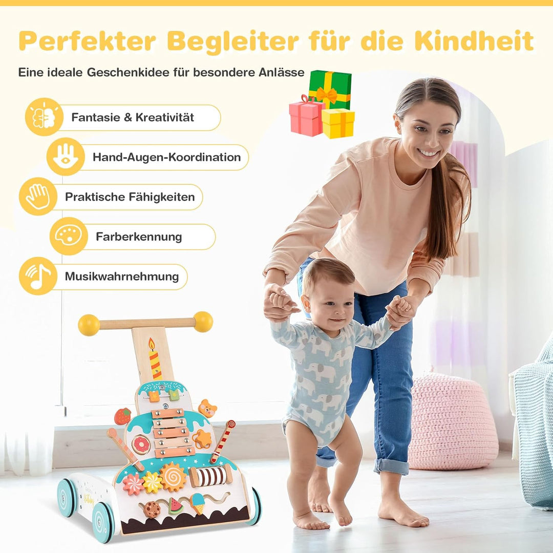 GOPLUS Lauflernwagen Holz, höhenverstellbarer Baby Lauflernhilfe, Baby Walker mit Xylofon &amp; Rutschbl
