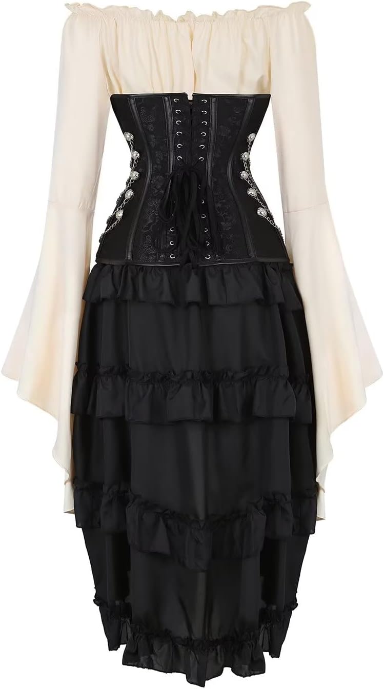Jutrisujo Steampunk Korsett Corsage Kleid Leder Bustier corsagenkleid Spitze Kostüm Burlesque Damen