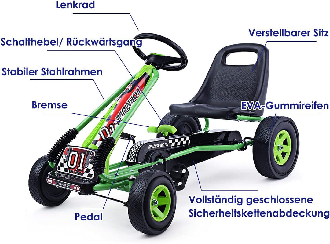 COSTWAY Gokart mit Handbremse und verstellbarem Sitz, Tretauto mit Vor- und Rückwärtsgang, Go Cart f
