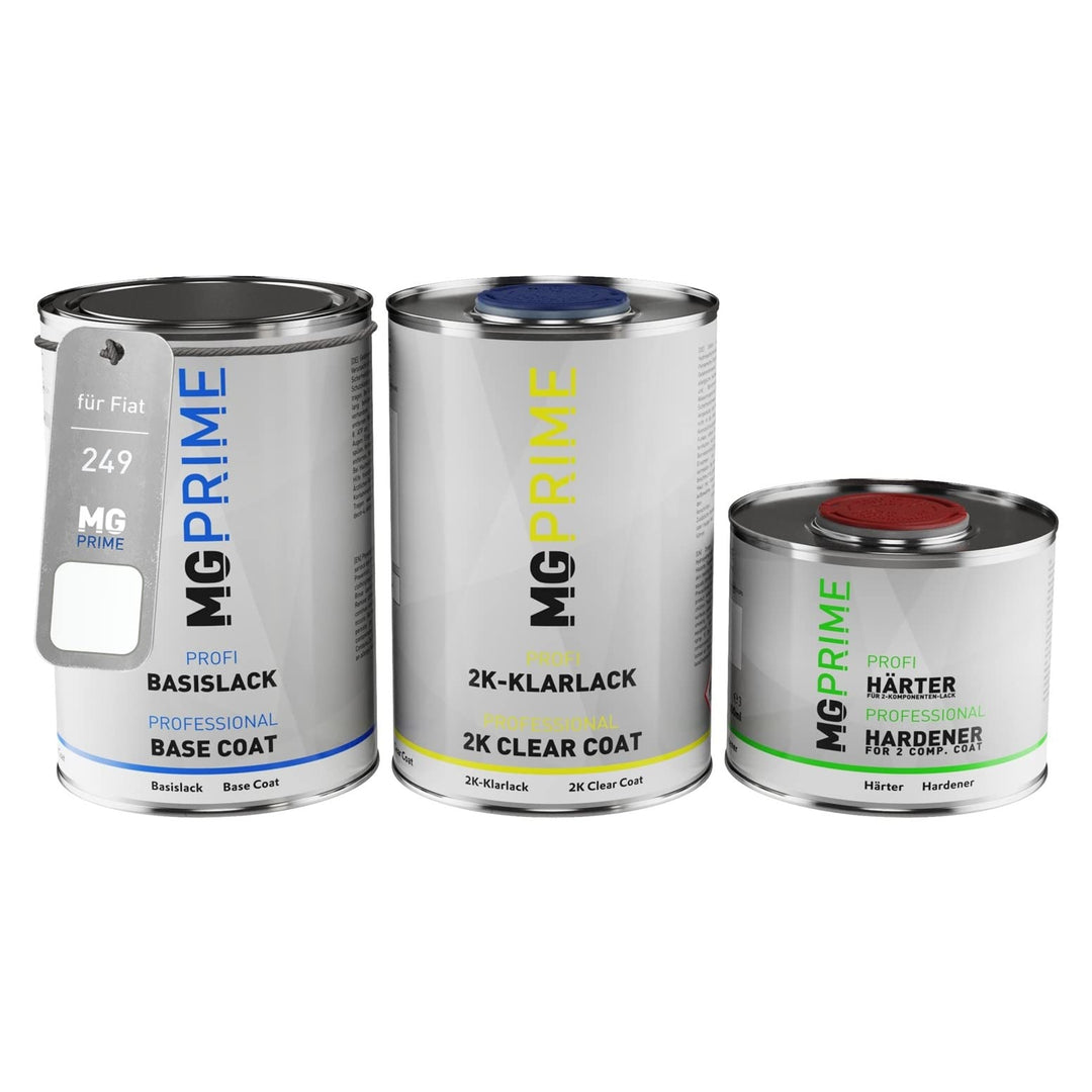 MG PRIME Autolack Dose Set für Fiat 249 Bianco Ducato/Blanc Gelato Basislack 2K Klarlack Härter spri