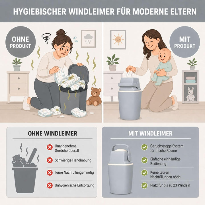AirWell Windeleimer Geruchsdicht & Windel Blaubaer - Wickeleimer, mit Geruchsstopp-System, Einhändig