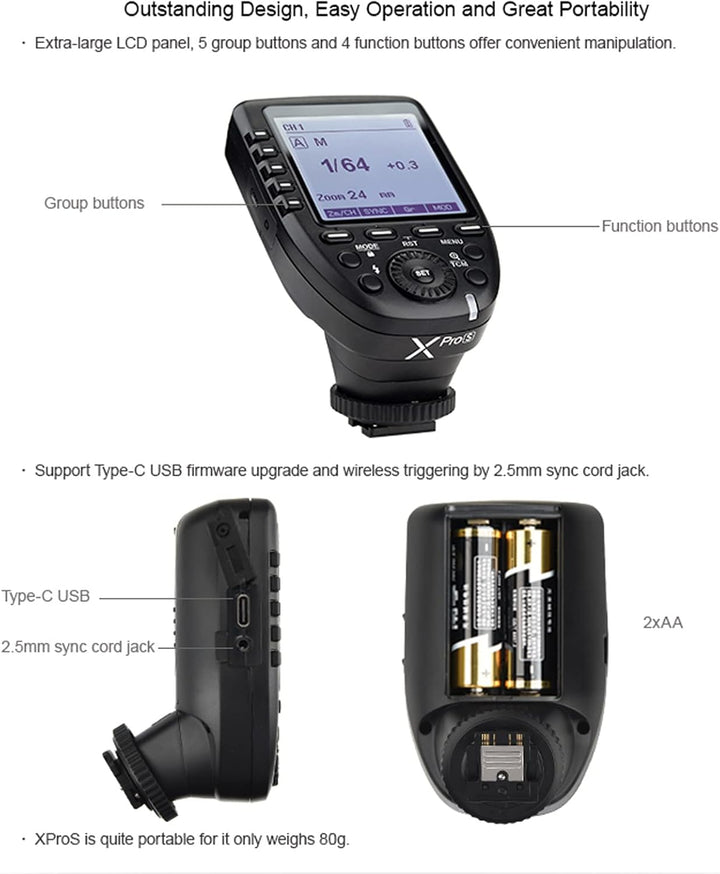 Godox Xpro-S Xpro S Blitzauslöser für Sony Kamera, 2,4 GHz 1/8000s HSS TTL, Godox Xpro-S Wireless Fl