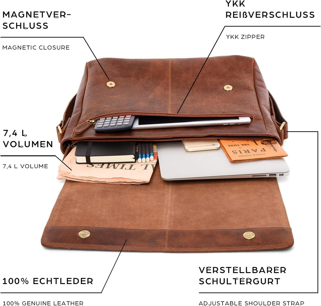 LEABAGS Oxford Laptoptasche Leder 15 Zoll Herren Damen Echtleder 38x10x31 cm Rosso, 38x10x31 cm Ross