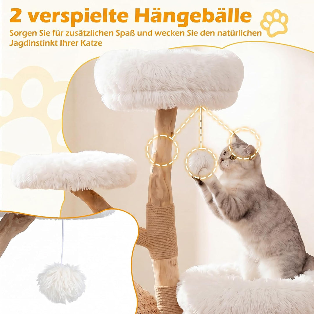 COSTWAY Kratzbaum Holz, 134 cm hoch, Katzenbaum mit Katzenkorb (Weiss) | Katzenturm mit 4 Plüschsitz