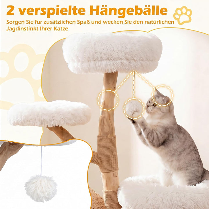COSTWAY Kratzbaum Holz, 134 cm hoch, Katzenbaum mit Katzenkorb (Weiss) | Katzenturm mit 4 Plüschsitz